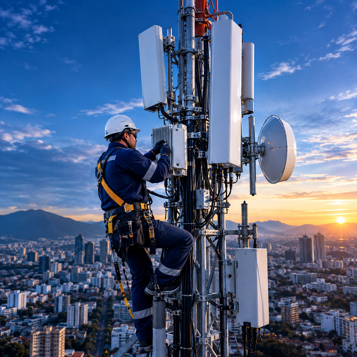 Técnico de JLB instalando equipamiento en torre